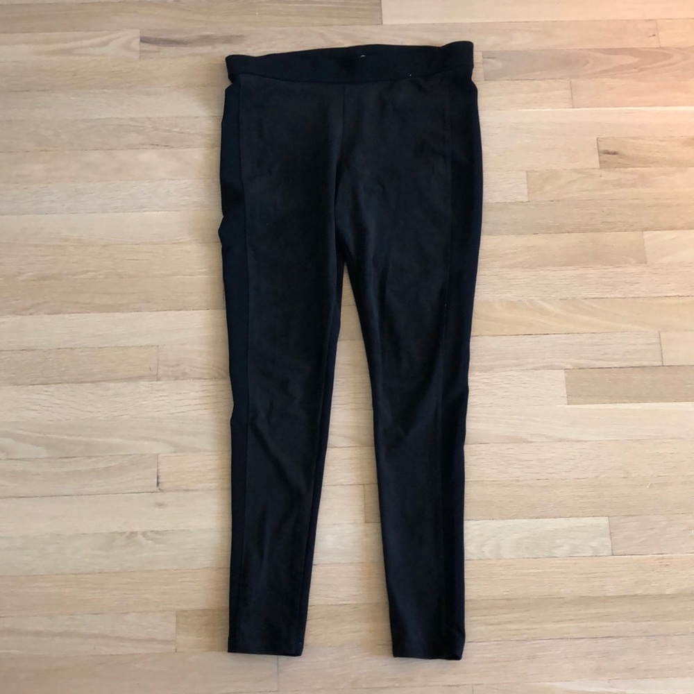 Black stretch pants with suede on the front
